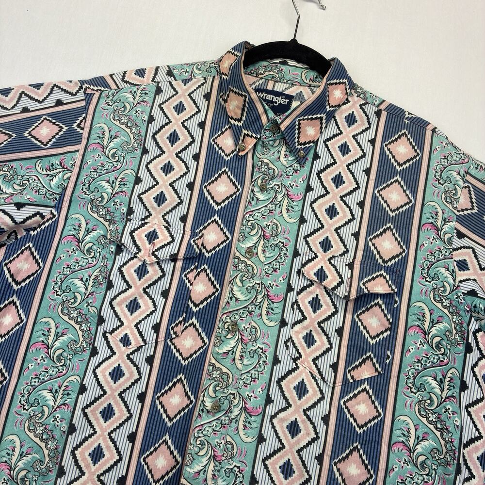 Wrangler Shirt Men’s Large Western Cowboy Southwestern Geometric Vintage USA